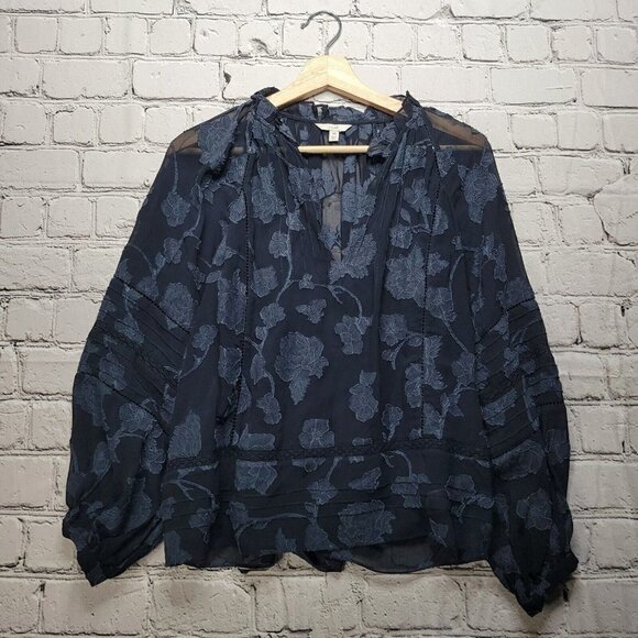 Joie Chaylse Floral Embroidery Lace Trim Blouse In Deep Sea Size XS - Picture 1 of 14